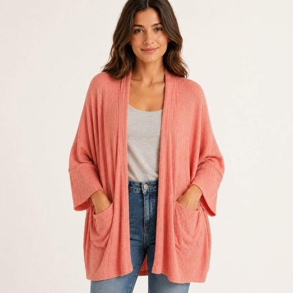 Maronie Anthropologie Cardigan Small Coral Pink Salmon Open Oversized Pockets